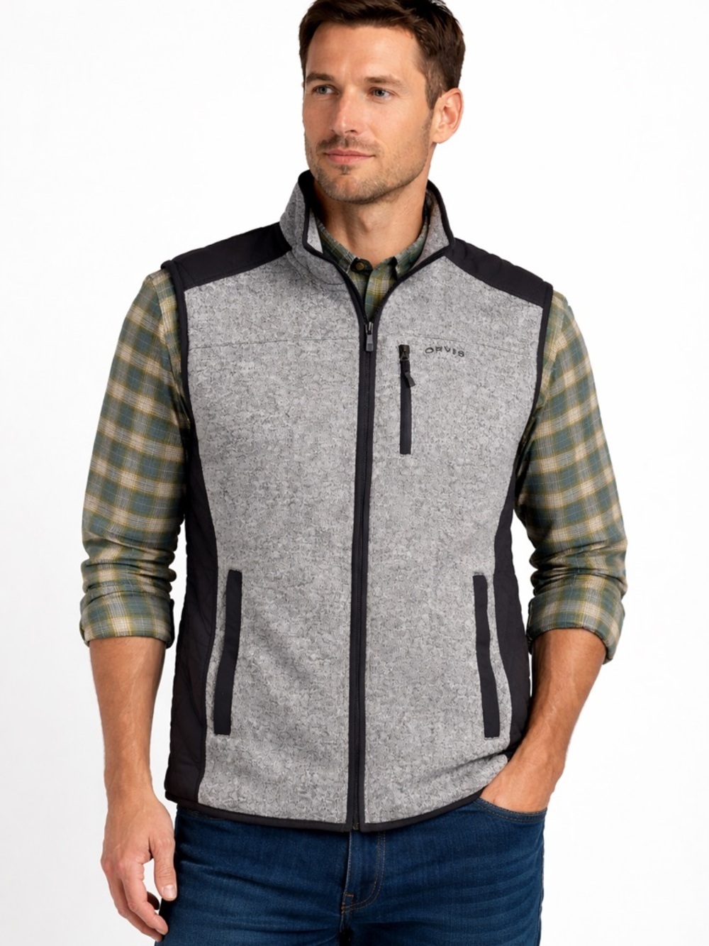 Orvis Vest Mens Large Denali Fleece Full Zip Quilted Panels Gray Pockets Outdoor